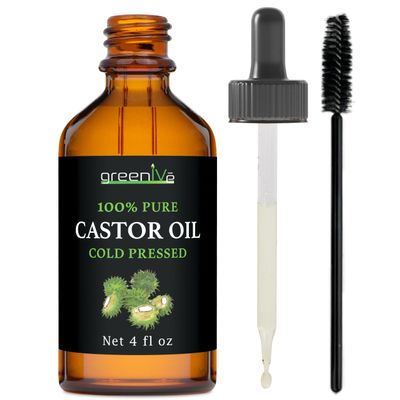 GreenIVe 100% Pure Castor Oil Cold-Pressed, Hexane-Free Hair, Eyebrows, Eyelashes, Skin Moisturizer, Castor Pack Wrap Oil Glass Bottle (4 Fl oz)