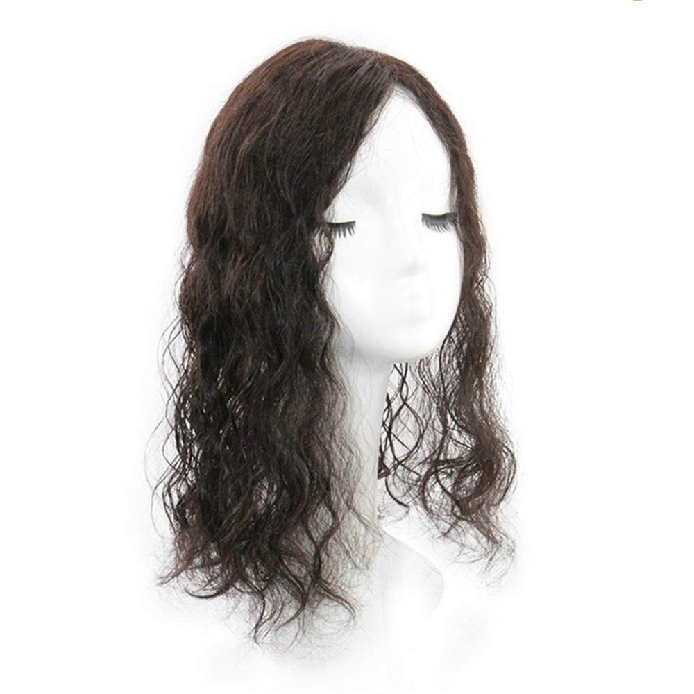 Susanki Curly Human Hair Clip on Toppers for Women with Free Parting, 6"x 6.7" Large Mono Forehead Topper Hair Pieces for Thinning Hair, 14" Natural Black