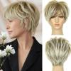 QUEENTAS Pixie Short Blonde Wig with Bangs Pixie Cut Wig Blonde with Dark Roots Synthetic Hair Wigs for White Women (Ombre Brown Blonde) view 1