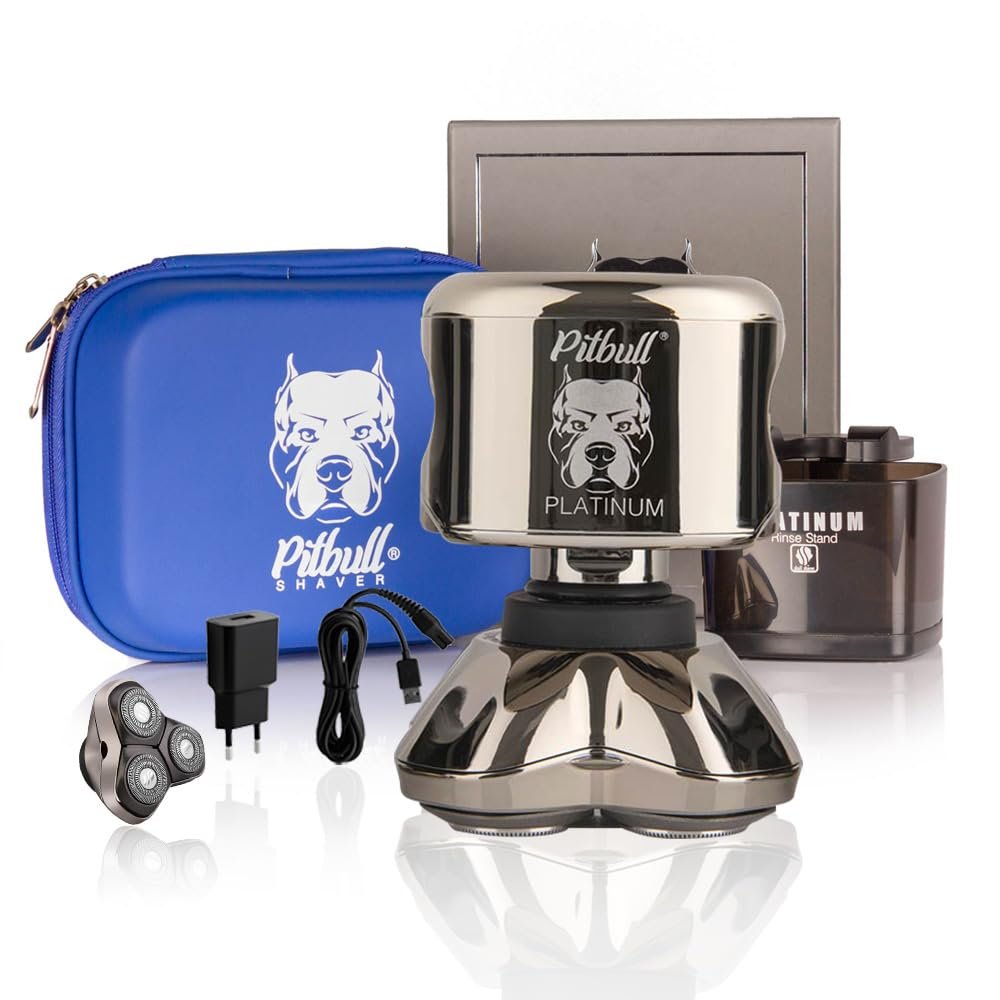 Skull Shaver Pitbull Platinum PRO Head & Face Shaver Kit - Cordless Electric Shaver - Wet & Dry Shaving Capabilities - Comes with Travel Case, USB Charging Cable & Rinse Stand - with Bonus Blade