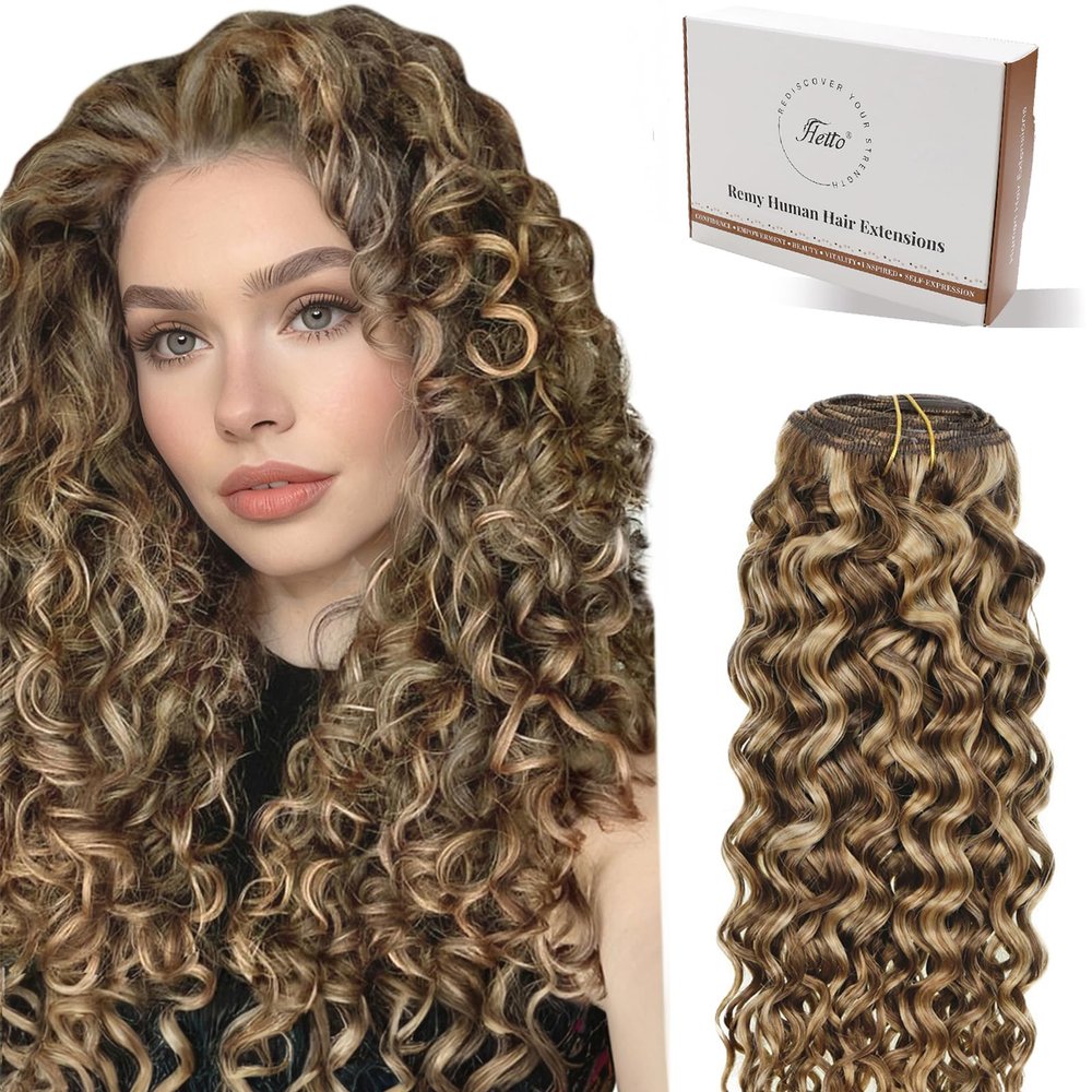 Hetto Curly Clip in Hair Extensions Clip in Extension Human Hair 7Pcs #P4/27 Light Brown Highlight Golden Blonde 16 Inch 120g Loose Curly Hair Extension
