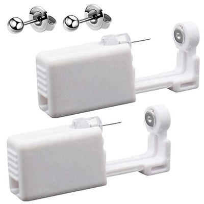 2 Pack Self Ear Piercing Gun Earrings Kit Tool Stud Safety Portable Nose Piercing Kit with Earring Studs for Women (Silver)