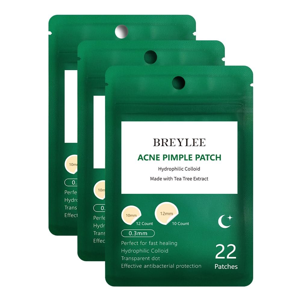 Acne Patches, BREYLEE Tea Tree Pimple Patches Acne Dots Acne Absorbing Cover Pimple Sticker Hydrocolloid Acne Patch (3 Pack, 66 Count)