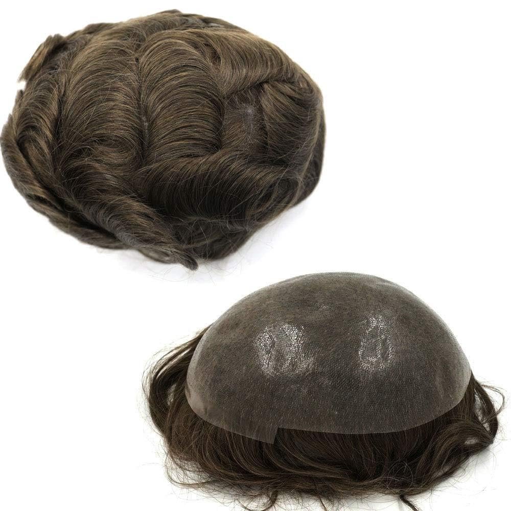100% Human hair toupee for men with transparent Thin skin PU, 10" x 8" hairpieces for men 110% Light To Medium Density (10"*8", #5 medium light brown)