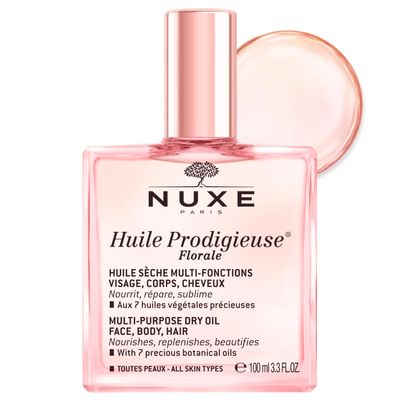 Nuxe Huile Prodigieuse Floral Multi-Purpose Dry Oil for Face, Body & Hair with 7 Botanical Oils for Radiant Glow and Hydration, 3.3 Fl Oz