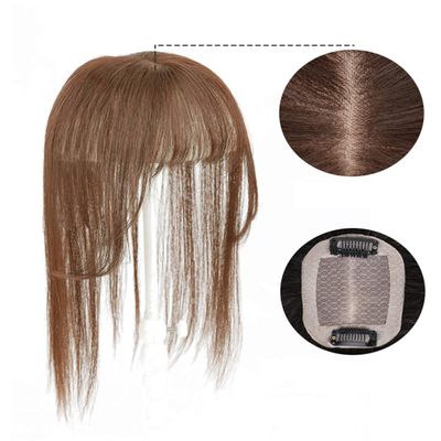Yanamy 100% Human Hair Air Bangs Crown Topper with Side Temples, Clip in Mono Hair Topper for Women, 8" Light Brown
