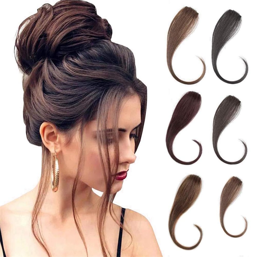 Yanamy One Piece Clip in Side Bangs Human Hair Invisible Hand Tied Fringe Hair Extension for Women, 14" Black, 2pcs