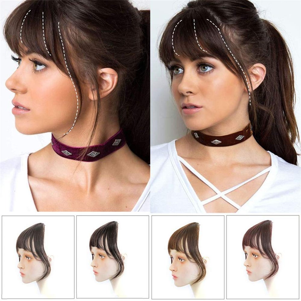 Yanamy Real Human Hair Clip on Bangs with Side Temples for Women Flat Bangs/Fringe Clip-in Hair Extension, Natural Black, Hand Tied