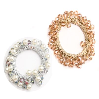 2 PCS Fashion Crystal Hair Band Ponytail Holder for Women Hair Band Hair Rope Hair Scrunchie Ponytail Holder (Champagne + Light Purple)