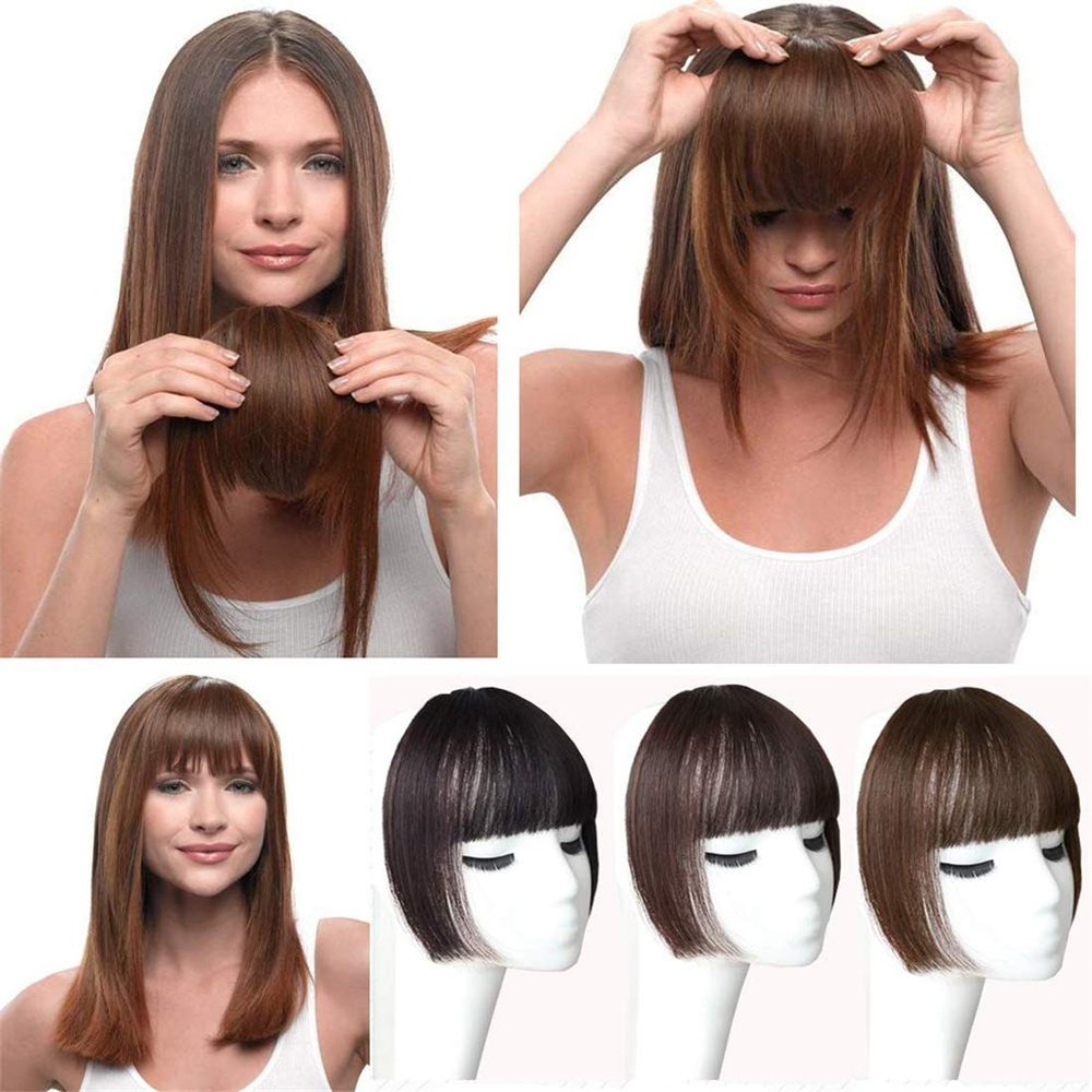 Yanamy Human Hair One Piece Clip in Bangs Hair Extension Flat Fringe Hairpiece for Women, Natural Black
