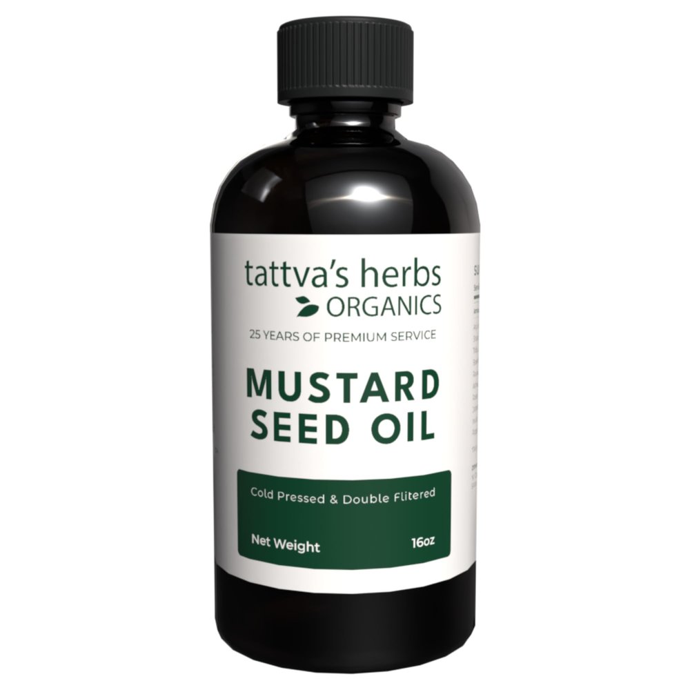 Tattva's Herbs Mustard Seed Oil for Hair, Cooking, Skin, & Massage, Unrefined Cold Pressed, Soothes Sore Joints, Kapha Balancing, 16 fl oz