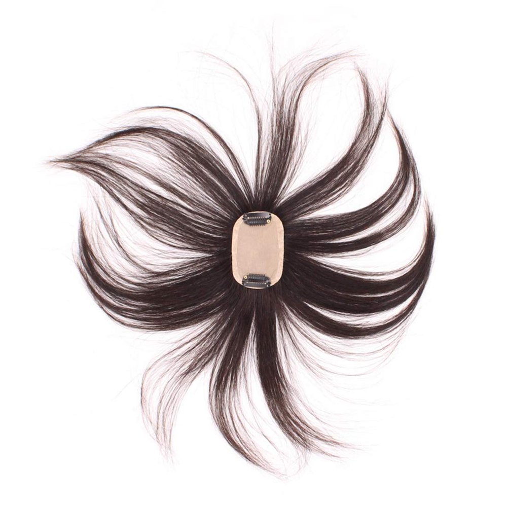 LXUE 2" x 3" Clip on Silk Base Human Hair Clip in Topper for Women with Bald Spot, 6" Light Brown