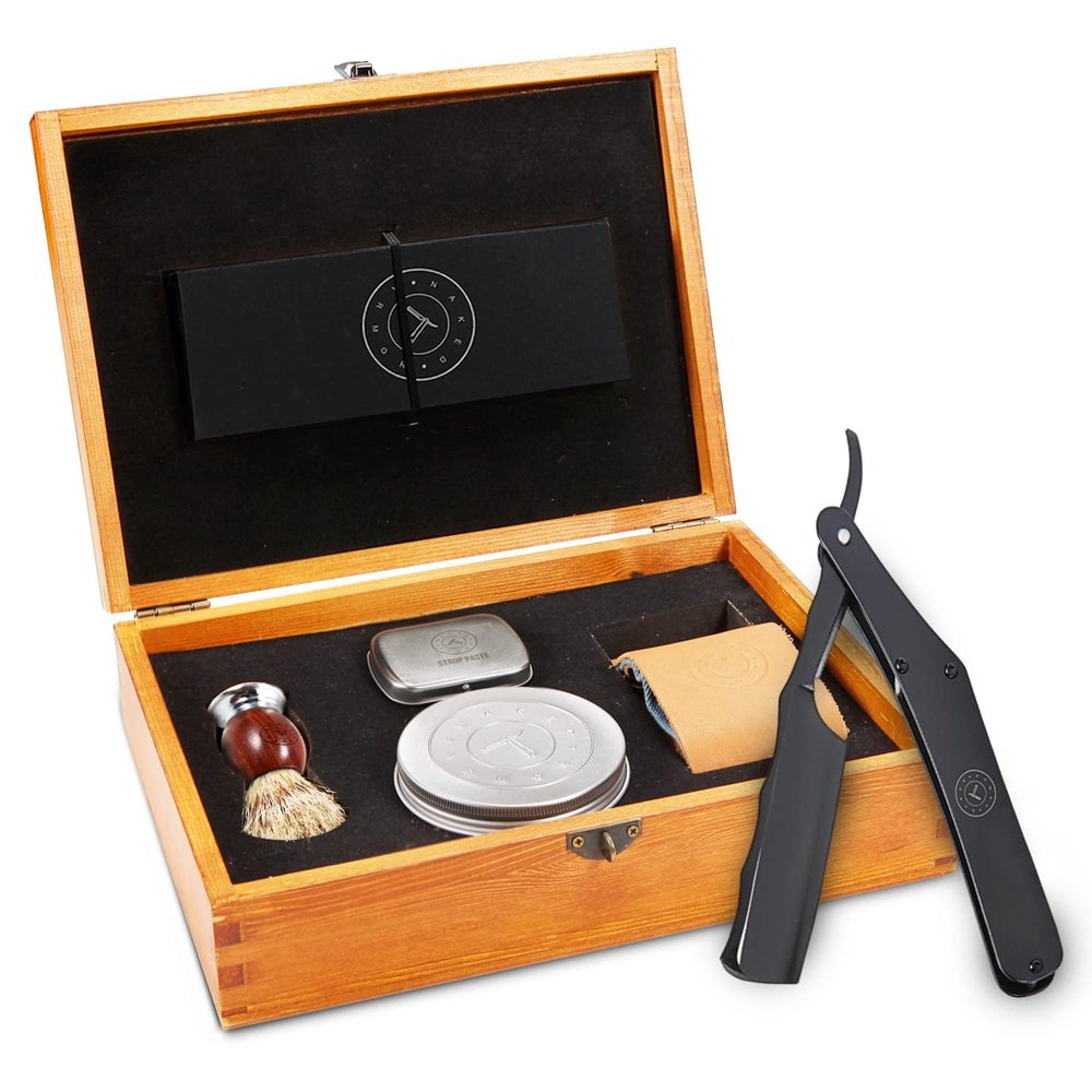 Complete Straight Razor Kit - Straight Razor Shaving Kit for Men with Titanium Black Japanese Stainless Steel Blade, Leather Strop, Shave Soap, Shaving Brush, Strop Paste, Leather Case, Gift Box