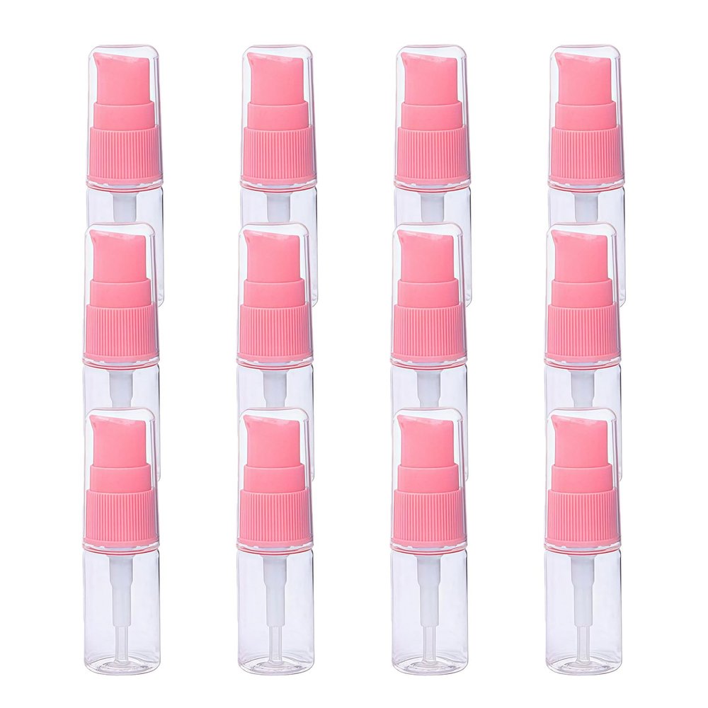 10Ml 0.3 Ounce Clear Plastic Lotion Pump Bottle with Pink Press Pump Head Empty Cosmetic Sample Container for Emulsion Face Cream Shampoo Gel - Pack of 12