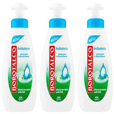 Borotalco: "Antibatterico" Sanitizing Liquid Soap - 8.45 Fluid Ounces (250ml) Bottle with Measuring Cap, pack of 3