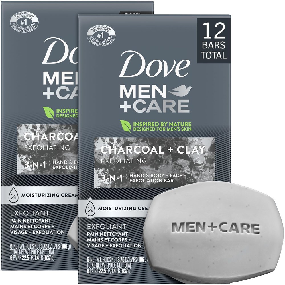 Dove Men+Care Body + Face Bar 2-Pack (12 Bars)  Exfoliating 3-in-1 Charcoal Soap with Clay for Skin Care, Hands & Shaving, 3.75 Oz Ea