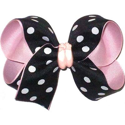 BL-042M Medium Black with White Dots over Light Pink with Ballet Slipper Miniature Hair Bow