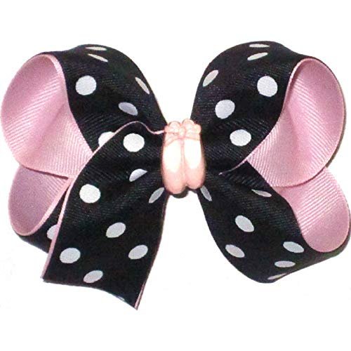 BL-042M Medium Black with White Dots over Light Pink with Ballet Slipper Miniature Hair Bow