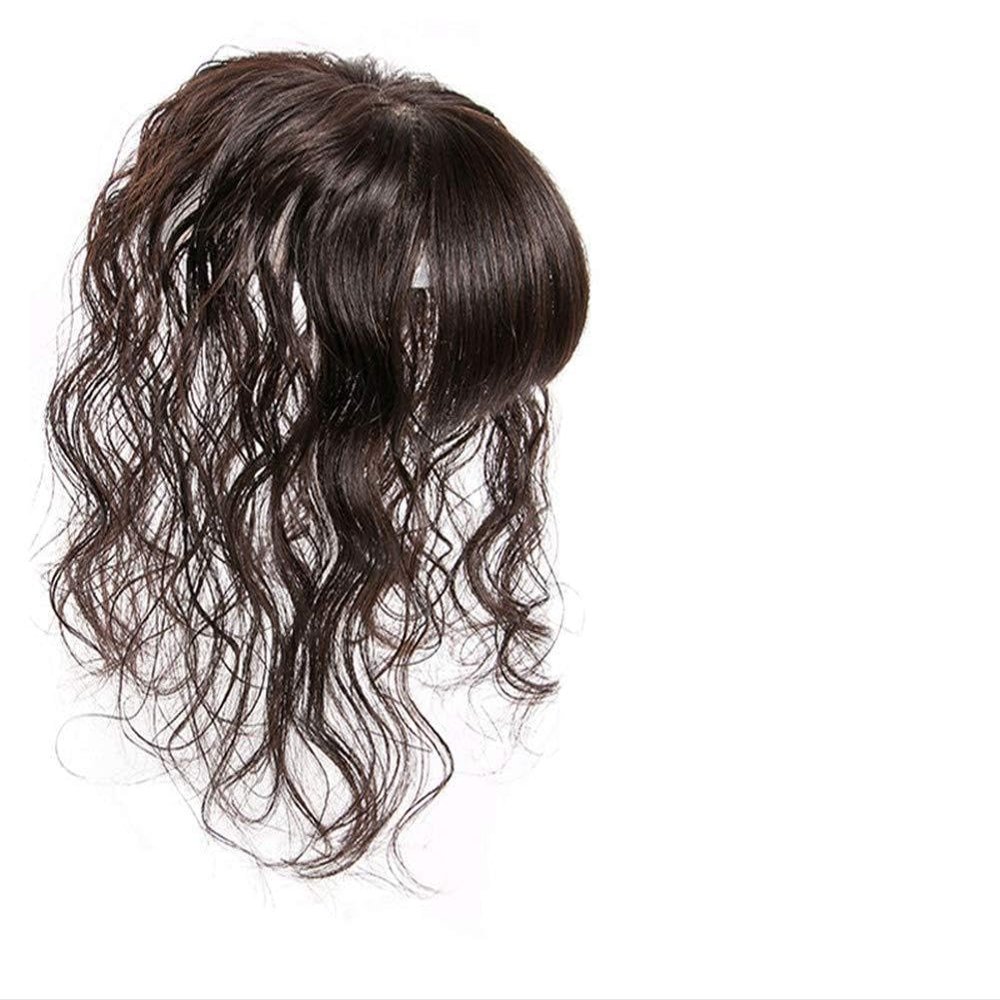 Remy Human Hair Toppers with Curly Texture Clip on 6 x 12cm Silk Base Hairline Topper for Women with Bangs, 25cm Dark Brown