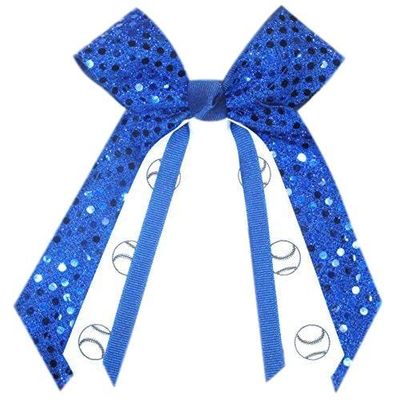 Softball, Baseball Soft Touch Sequin Hair Bow, Made in the USA, White Pony Band, many colors, (Century Blue)