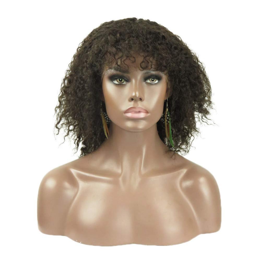 10" Brazilian kinky curl Human Hair Full Lace Wig Dark Brown With Curly Fringe