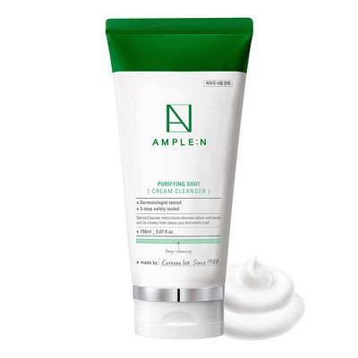 AMPLE:N Purifying Shot Cream Cleanser  Korean Pore Refining Facial Cleanser with Egg White & Blue Lotus Extract - Exfoliate & Remove Makeup Residue and Impurities from Pores Texture, 5.07 fl.oz.