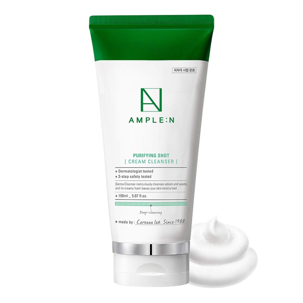 AMPLE:N Purifying Shot Cream Cleanser Korean Pore Refining Facial Cleanser with Egg White & Blue Lotus Extract - Exfoliate & Remove Makeup Residue and Impurities from Pores Texture, 5.07 fl.oz.