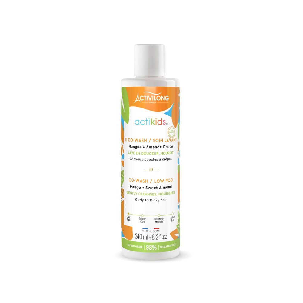 Actikids Co-wash Mango and Sweet Almond - No-Rinse Cleanser, Gentle Wash, Detangling, and Timesaving in One - 240