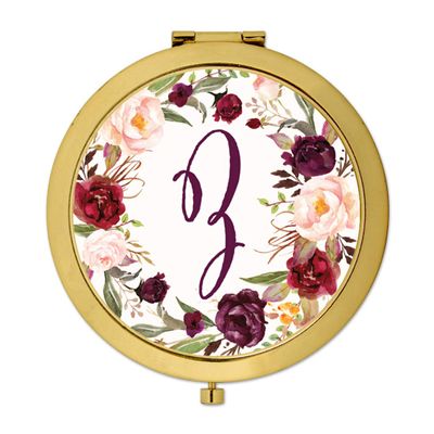 Andaz Press Gold Compact Mirror Bridesmaid's Wedding Gift, Marsala Burgundy Maroon Flowers on White, Monogram Letter Z, 1-Pack, Bachelorette Bridal Shower Wedding Party Gifts
