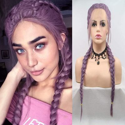 Purple Braided Wigs for Women Lace Front Braide Wig with Baby Hair Purple Long Synthetic Hair Twist Braids Drag Queen Wigs Female Glueless Heat Resistant Fiber Hair Cosplay Party Use 22inc