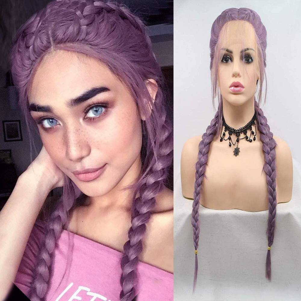 Purple Braided Wigs for Women Lace Front Braide Wig with Baby Hair Purple Long Synthetic Hair Twist Braids Drag Queen Wigs Female Glueless Heat Resistant Fiber Hair Cosplay Party Use 22inc