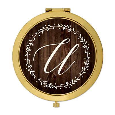 Andaz Press Gold Compact Mirror Bridesmaid's Wedding Gift, Rustic Wood with Laurels, Monogram Letter U, 1-Pack, Autumn Country Themed Bachelorette Bridal Shower Wedding Party Gifts