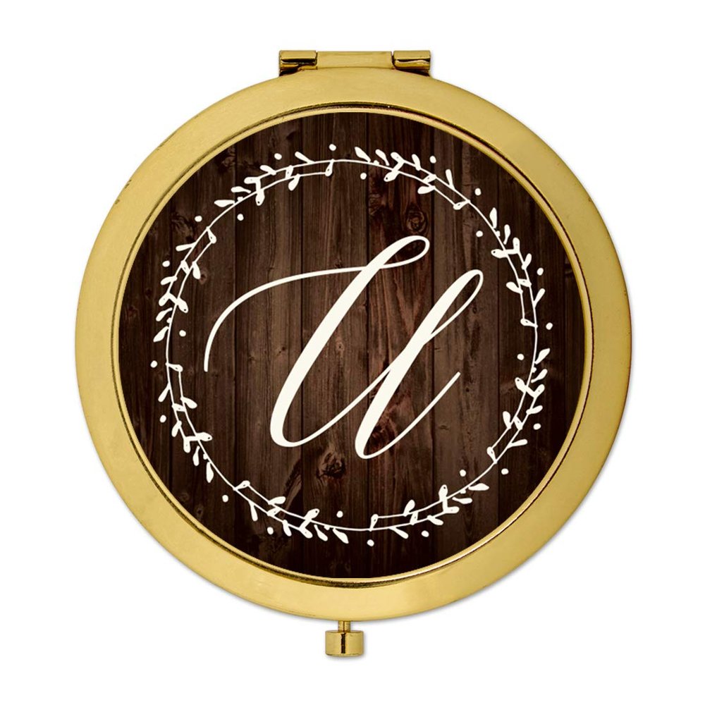 Andaz Press Gold Compact Mirror Bridesmaid's Wedding Gift, Rustic Wood with Laurels, Monogram Letter U, 1-Pack, Autumn Country Themed Bachelorette Bridal Shower Wedding Party Gifts