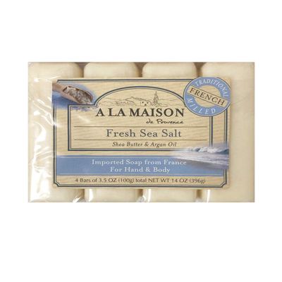 A La Maison Traditional French Milled Shea Butter & Argan Oil Soap Set, 4 Bars (Fresh Sea Salt)