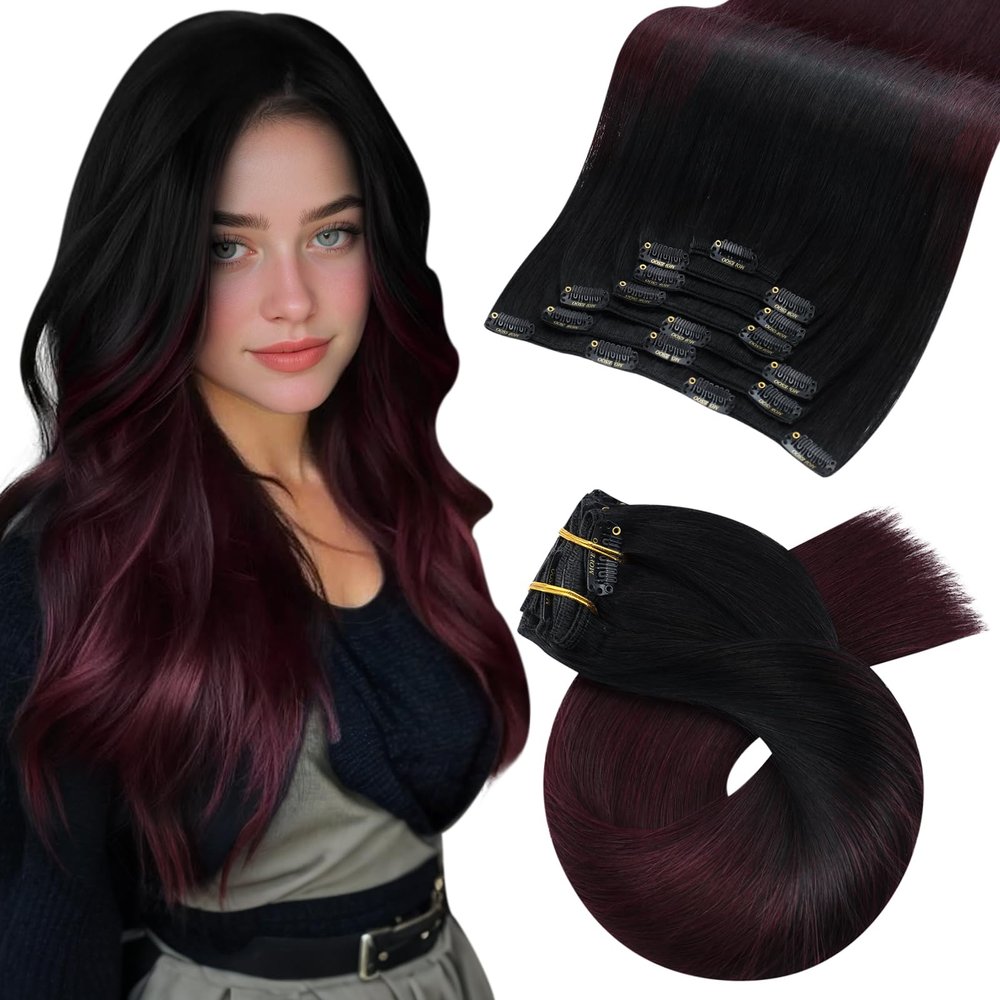 Moresoo Clip in Hair Extensions Ombre Black to Wine Red Double Weft Real Hair Clip in Extensions Balayage Black to Burgundy 7Pcs/120G 22inch