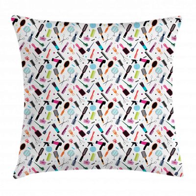 Ambesonne Hair Salon Throw Pillow Cushion Cover, Combination of Beauty Salon Combs Hair Dryer Hair Brush Mirror and Scissor, Decorative Square Accent Pillow Case, 20" X 20", Multicolor