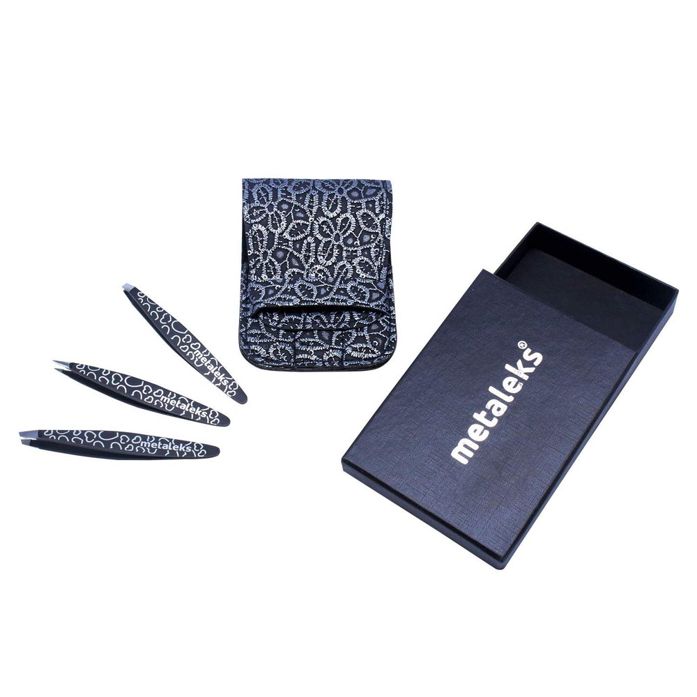 3Pcs EyeBrow Tweezers set With Straight, Slanted, Pointed Tweezers in Black Color on Silver Heart painted in Silver black texture Pouch