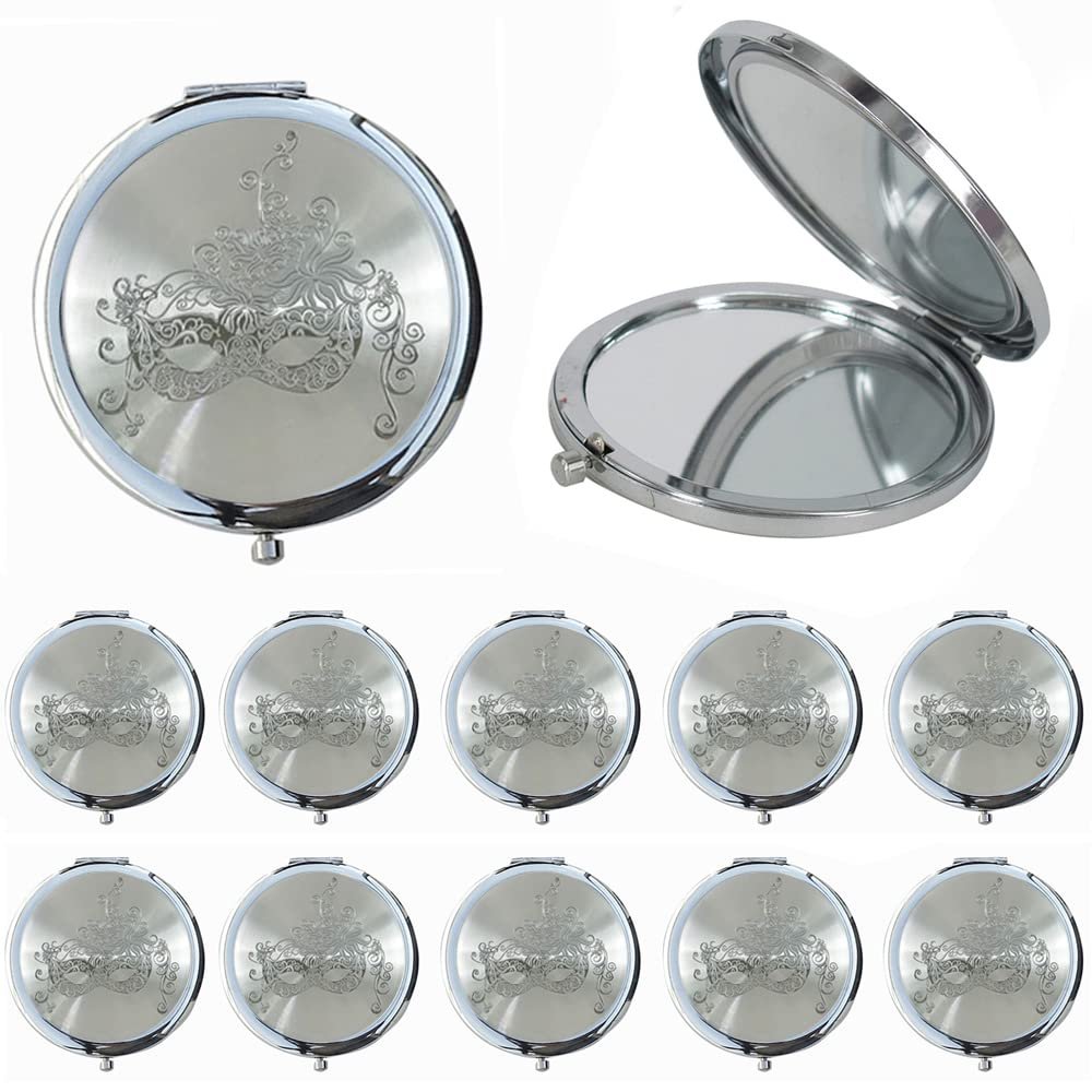 12 Pcs Silver Masquerade Mask Compact Mirrors - Quinceanera/Sweet 16/ Bridal Shower/Birthday Favors for Guests