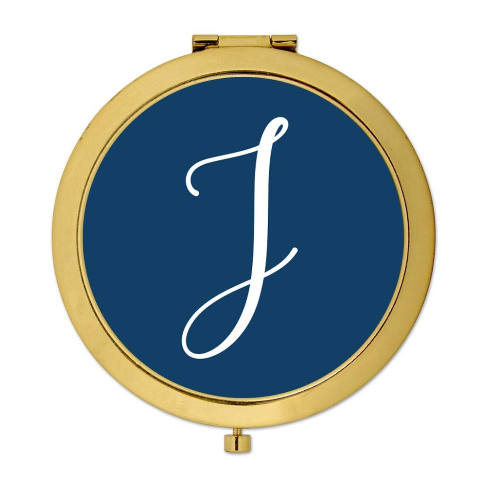 Andaz Press Gold Compact Mirror Bridesmaid's Wedding Gift, Navy Blue, Monogram Letter J, 1-Pack, Bachelorette Bridal Shower Wedding Party Gifts