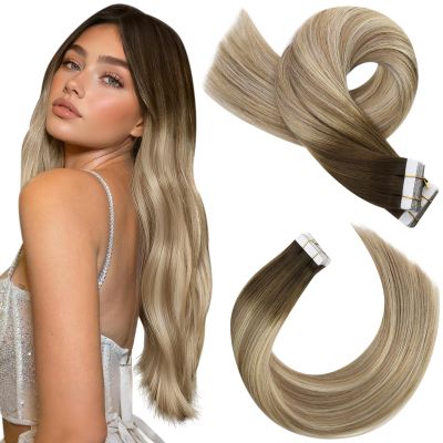 Moresoo Ombre Tape in Extensions Human Hair Balayage Brown to Light Brown Mixed Blonde Hair Extensions Tape in Human Hair Seamless Glue in Extensions Real Human Hair 22 Inch #3/8/22 20pcs 50g