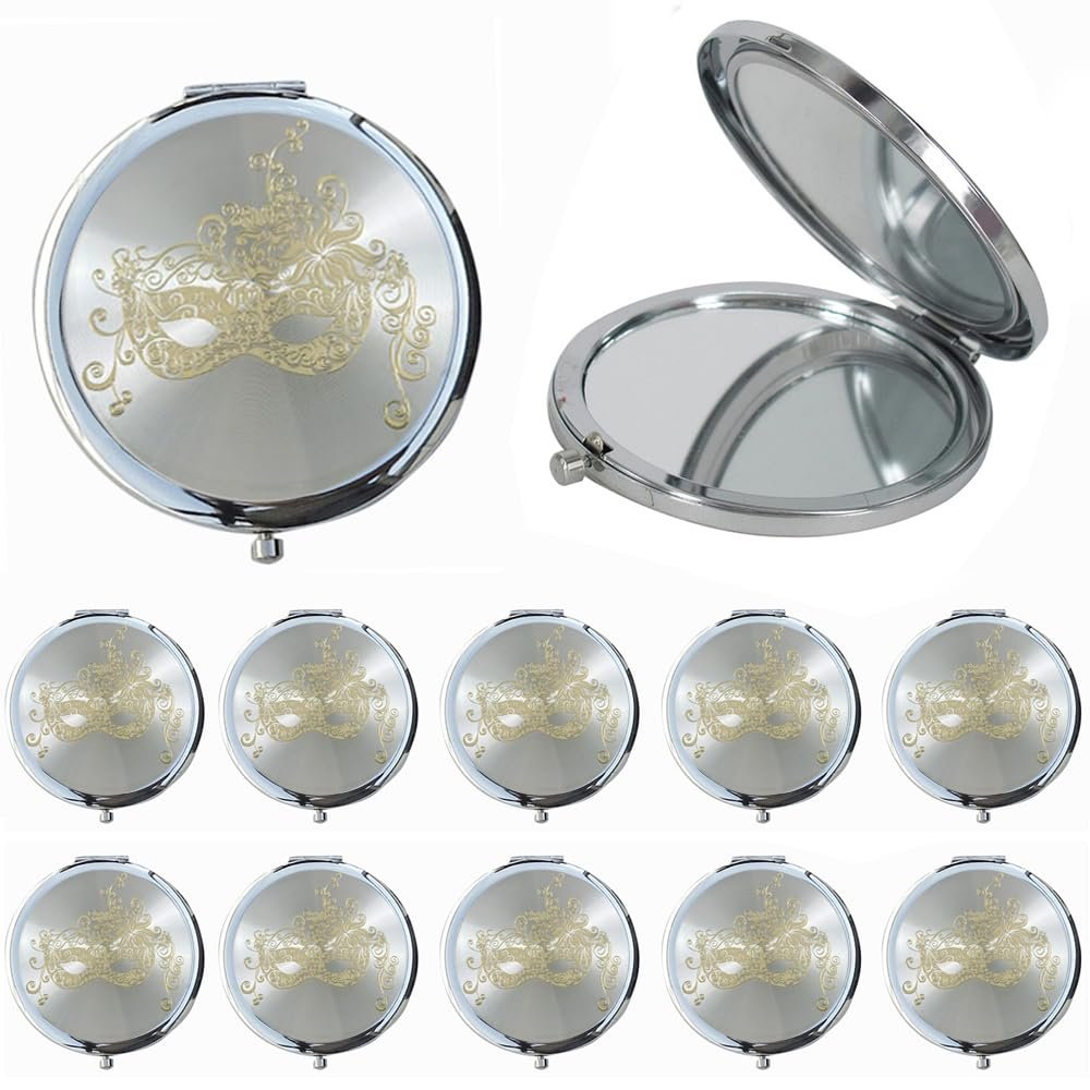 12 Pcs Silver Masquerade Mask Compact Mirrors - Quinceanera/Sweet 16/ Birthday Favors for Guests