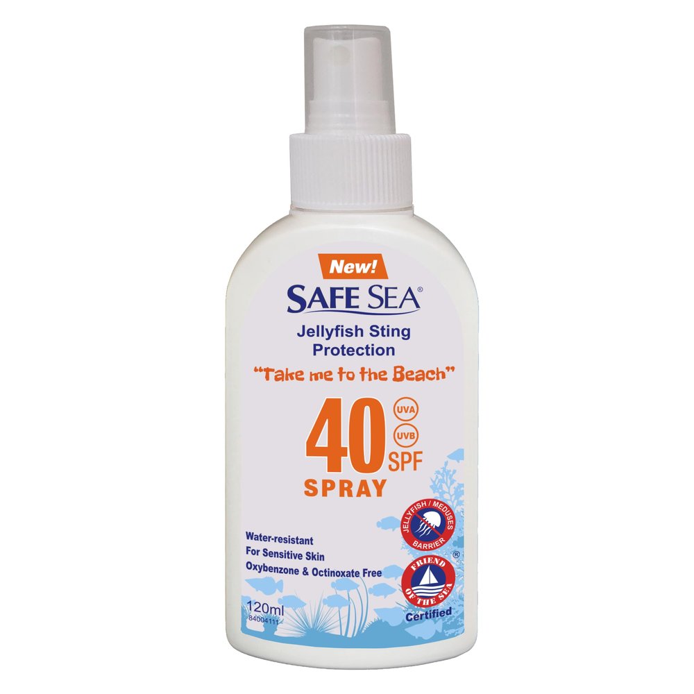 Safe Sea Jellyfish Sting-Blocking Sunscreen, SPF 40+ Spray 4 Fl oz, Waterproof, Biodegradable, Coral Reef-Safe Body and Face Sunscreen, Anti-Jellyfish and Sea-Lice sting protection.