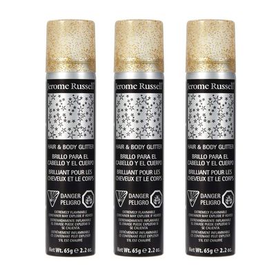 Jerome Russell Temporary Hair and Body Glitter Color Spray, Travel Spray, Lightweight, Adds Sparkly Shimmery Glow, Perfect to use On Hair, Skin, or Clothing, 2.2 oz - Glitter Gold x 3 Pack