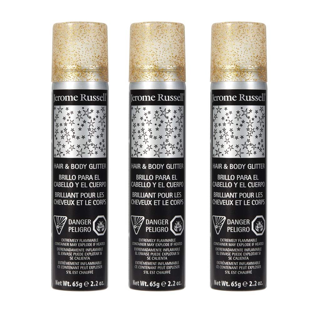 Jerome Russell Temporary Hair and Body Glitter Color Spray, Travel Spray, Lightweight, Adds Sparkly Shimmery Glow, Perfect to use On Hair, Skin, or Clothing, 2.2 oz - Glitter Gold x 3 Pack
