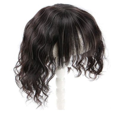 10" Natural Curly Human Hair Toppers with Bangs 6.3"x 6.3" Forehead Topper for Women with Thinning Hair, Off Black