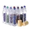 10Pcs 10ml Natural Semiprecious Stones Essential Oil Roller Bottles Clear Glass Roll-on Bottles Gemstone with Wooden Caps and Healing Crystal Chips Inside view 1