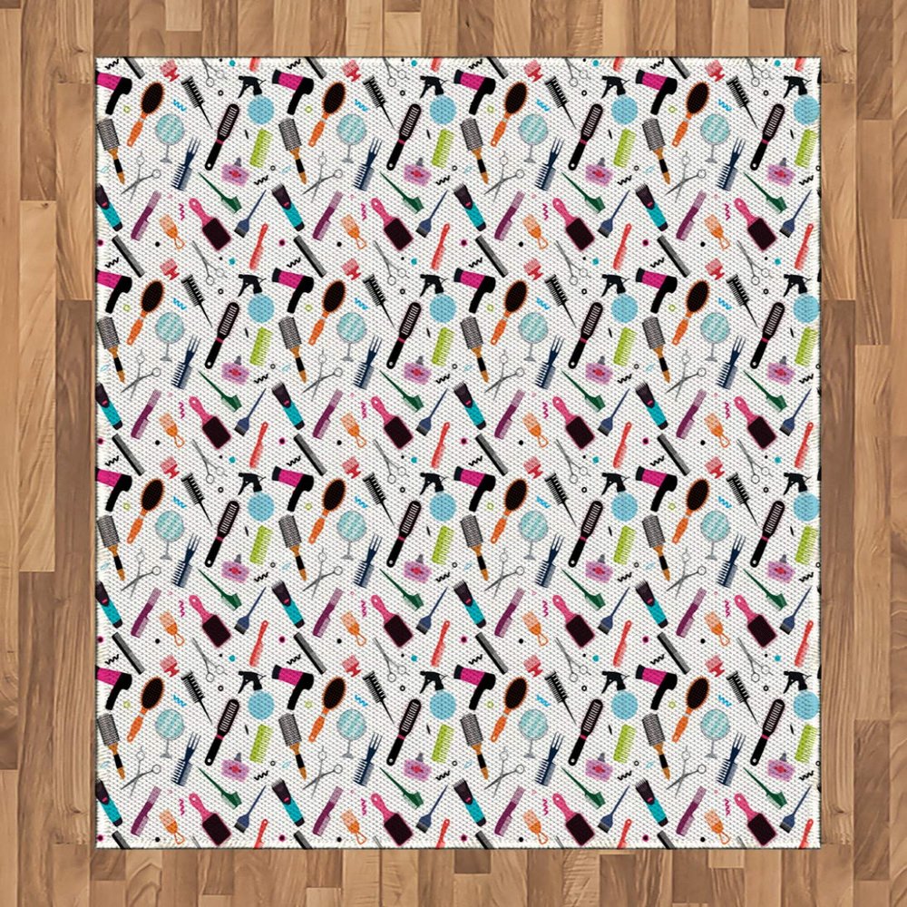 Ambesonne Hair Salon Area Rug, Combination of Beauty Salon Combs Hair Dryer Hair Brush Mirror and Scissor, Flat Woven Accent Rug for Living Room Bedroom Dining Room, 4' X 5' 7", Multicolor