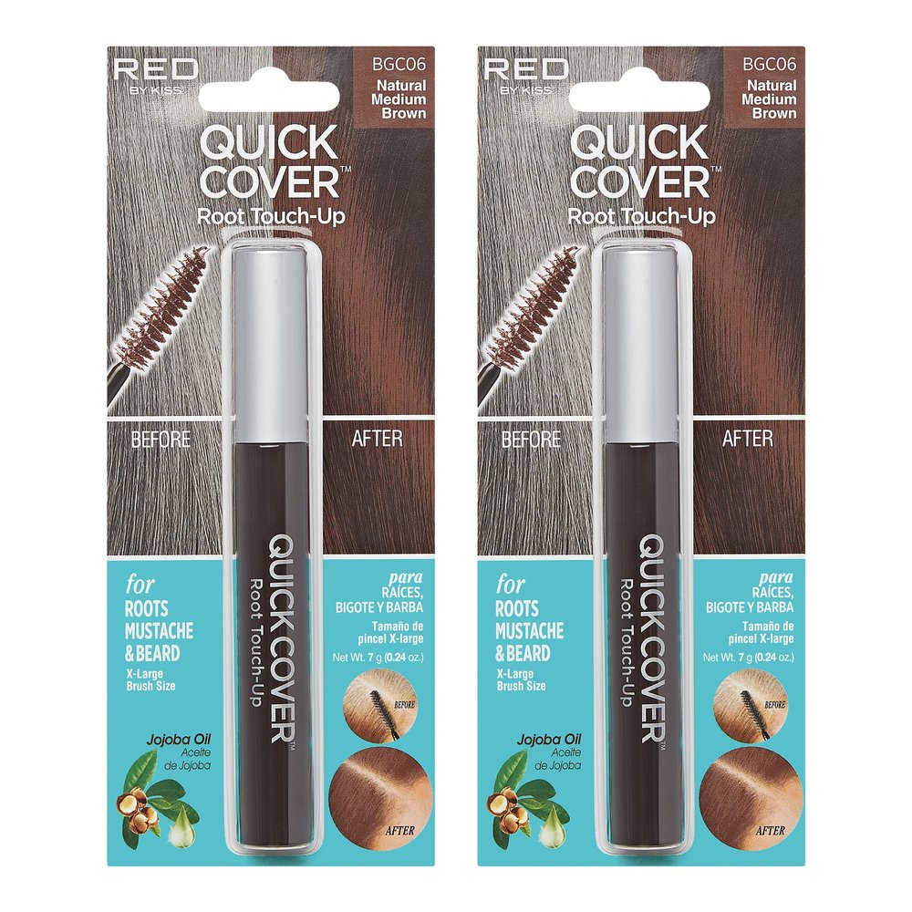 RED by KISS Quick Cover Root Touch Up Rescue (Natural Medium Brown 2 Pack) Mascara Natural Water-Resistant Temporary Gray Concealer Cover Up Brush for Hair Mustache & Beard, Formulated with Jojoba Oil