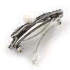 Small Vintage Inspired Filigree Midnight Blue Crystal Bow Barrette Hair Clip Grip In Aged Silver Finish - 60mm Across view 4