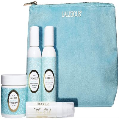 LaLicious Sugar Reef Travel Set - Whipped Sugar Scrub, Shower Gel / Bubble Bath, Body Butter & Body Oil in a Luxe Velour Makeup Bag (4 Piece Kit)
